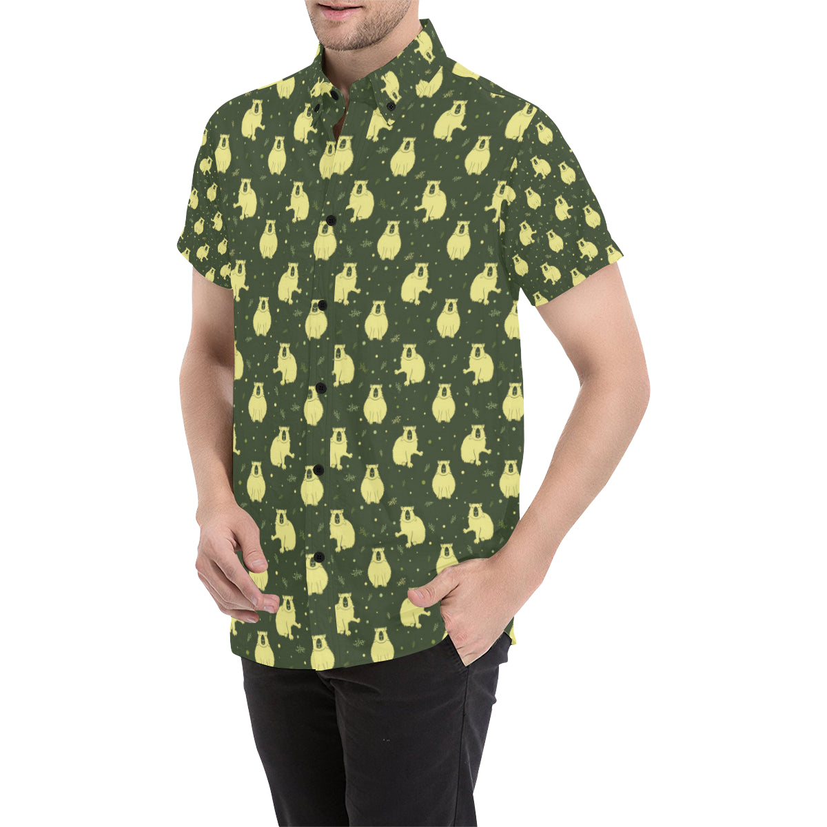 Capybara Pattern Print Design 03 Men's Short Sleeve Button Up Shirt