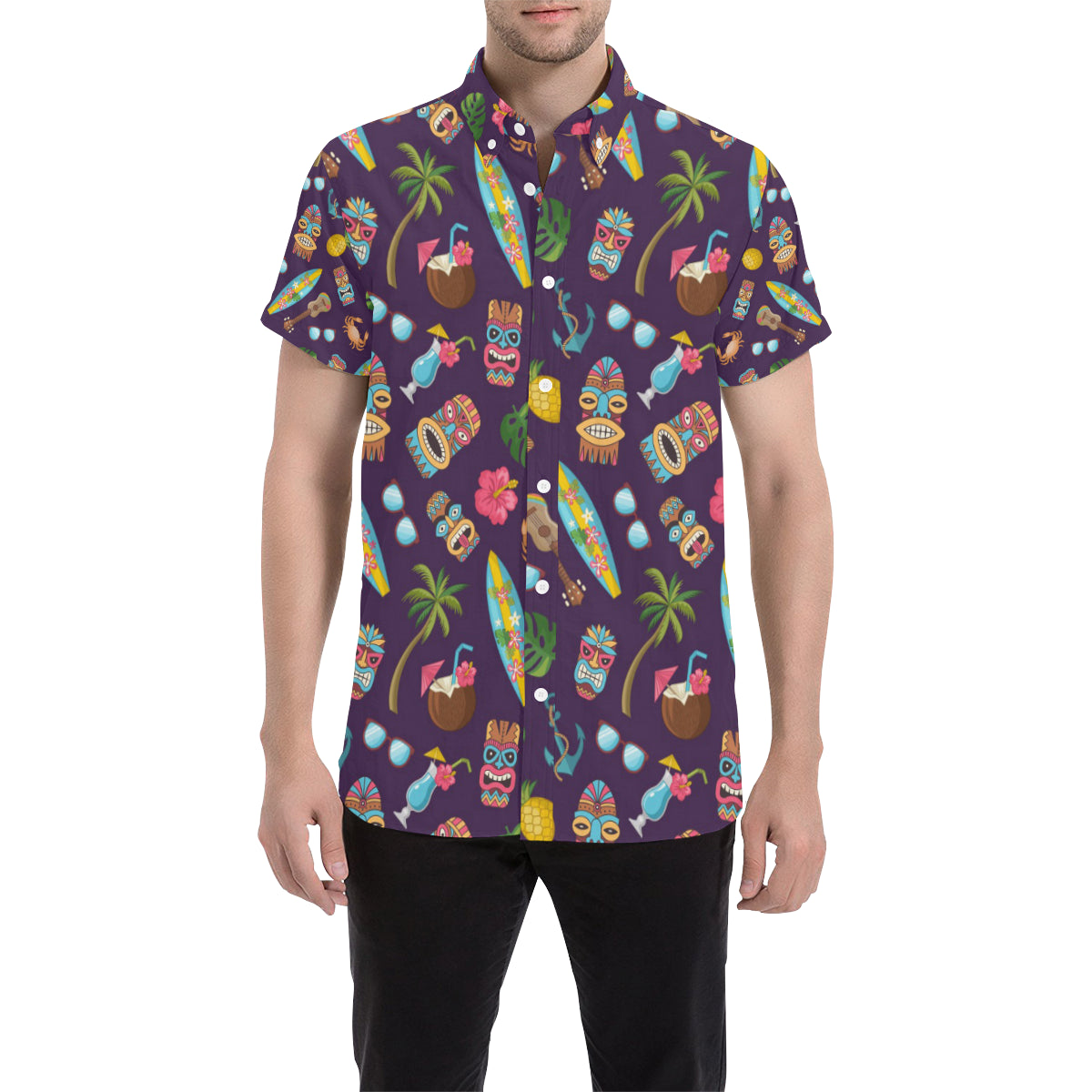 Hawaiian Themed Pattern Print Design H024 Men's Short Sleeve Button Up Shirt