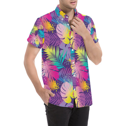 Palm Leaf Pattern Print Design A04 Men's Short Sleeve Button Up Shirt