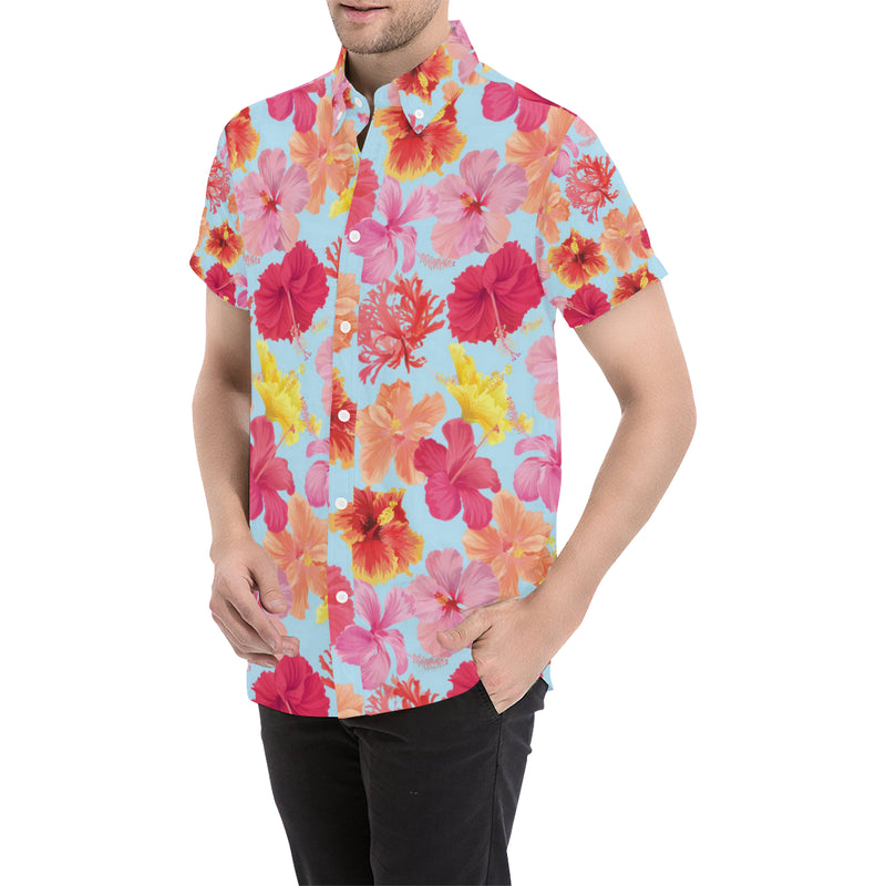 Hibiscus Pattern Print Design HB020 Men's Short Sleeve Button Up Shirt