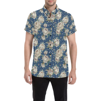 Peony Pattern Print Design A03 Men's Short Sleeve Button Up Shirt
