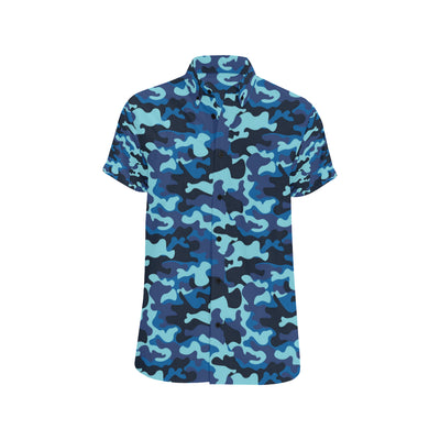 Camo Blue Pattern Print Design 04 Men's Short Sleeve Button Up Shirt