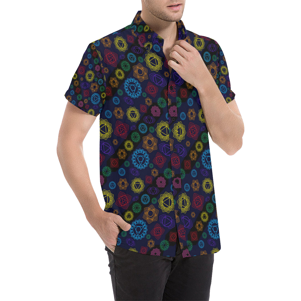 Chakra Colorful Print Pattern Men's Short Sleeve Button Up Shirt