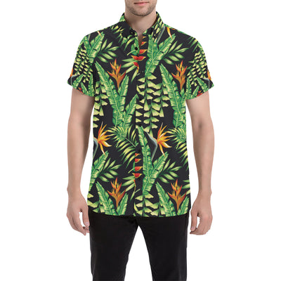 Hawaiian Flower Tropical Palm Leaves Men's Short Sleeve Button Up Shirt