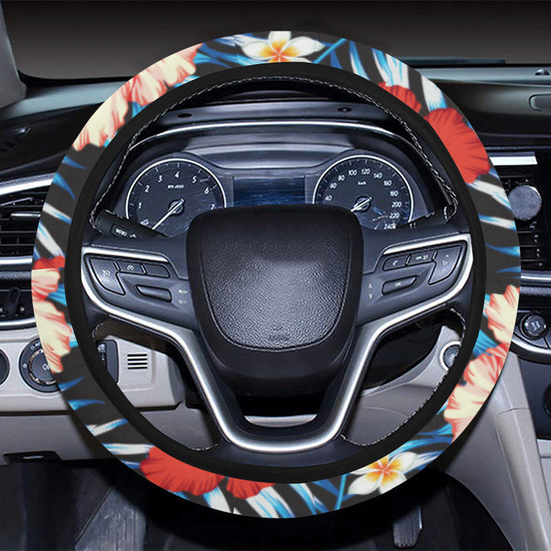 Red Hibiscus Blue Scene Steering Wheel Cover with Elastic Edge