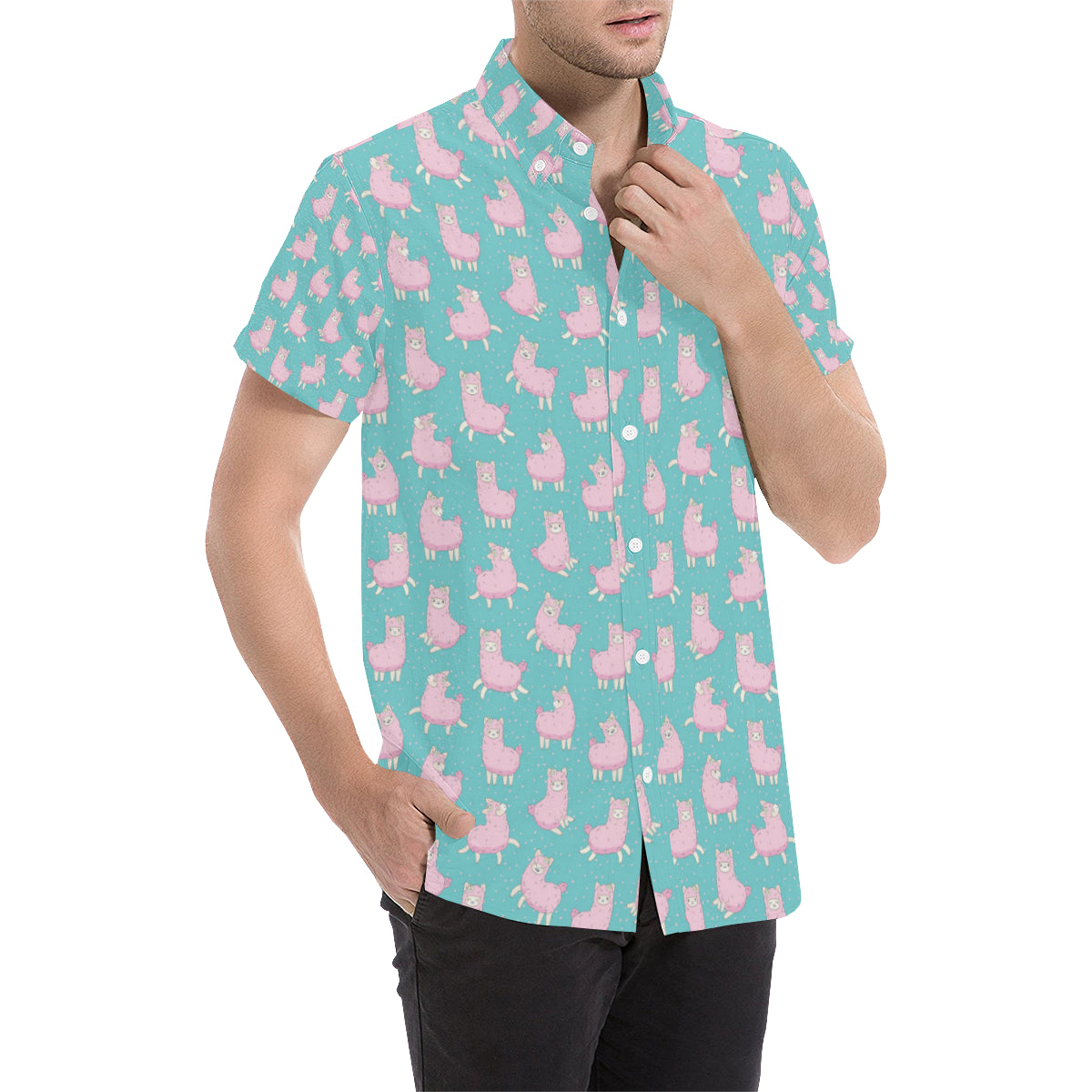 Alpaca Cartoon Design Themed Print Men's Short Sleeve Button Up Shirt