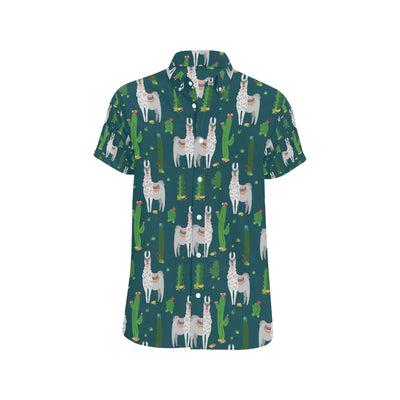 Llama Cactus Pattern Print Design 013 Men's Short Sleeve Button Up Shirt