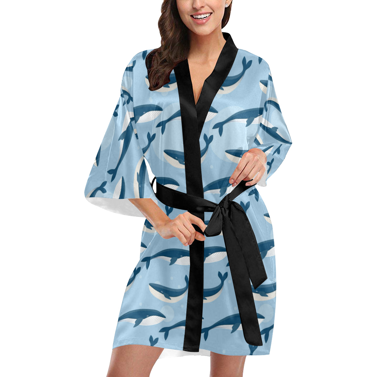 Blue Whale Pattern Print Design 02 Women's Short Kimono