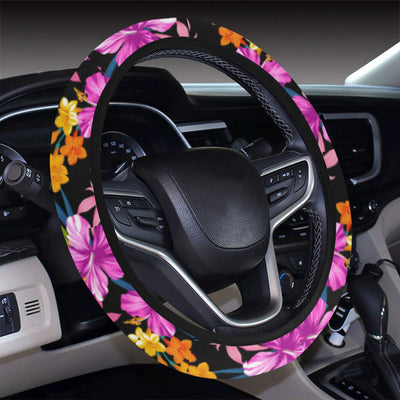 Tropical Folower Pink Hibiscus Print Steering Wheel Cover with Elastic Edge