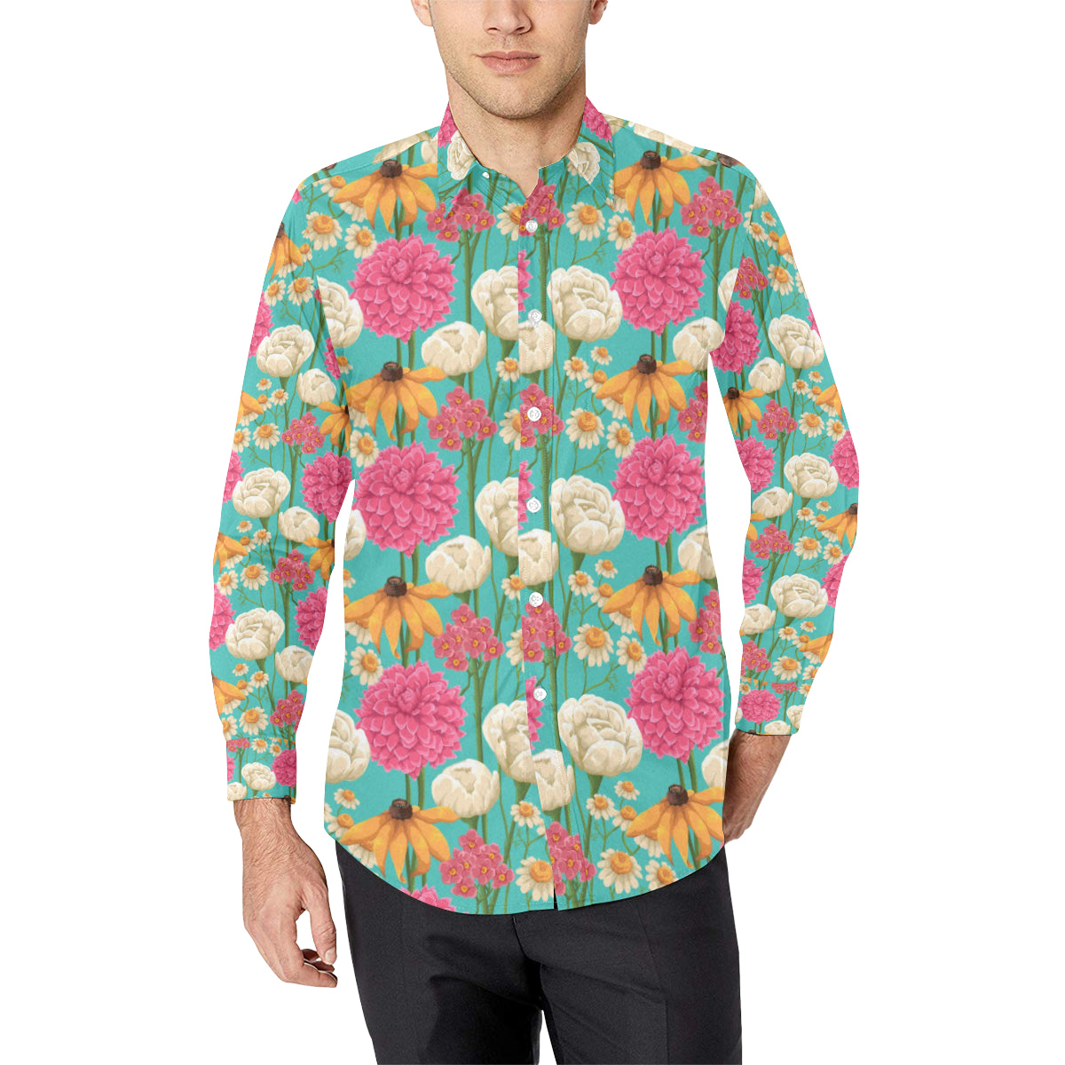 Summer Floral Pattern Print Design SF07 Men's Long Sleeve Shirt