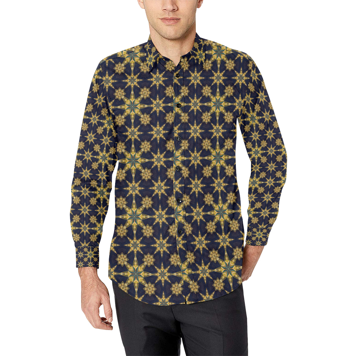 kaleidoscope Gold Print Design Men's Long Sleeve Shirt