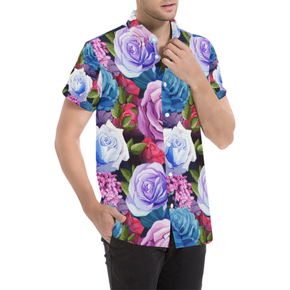 Rose Pattern Print Design RO09 Men's Short Sleeve Button Up Shirt