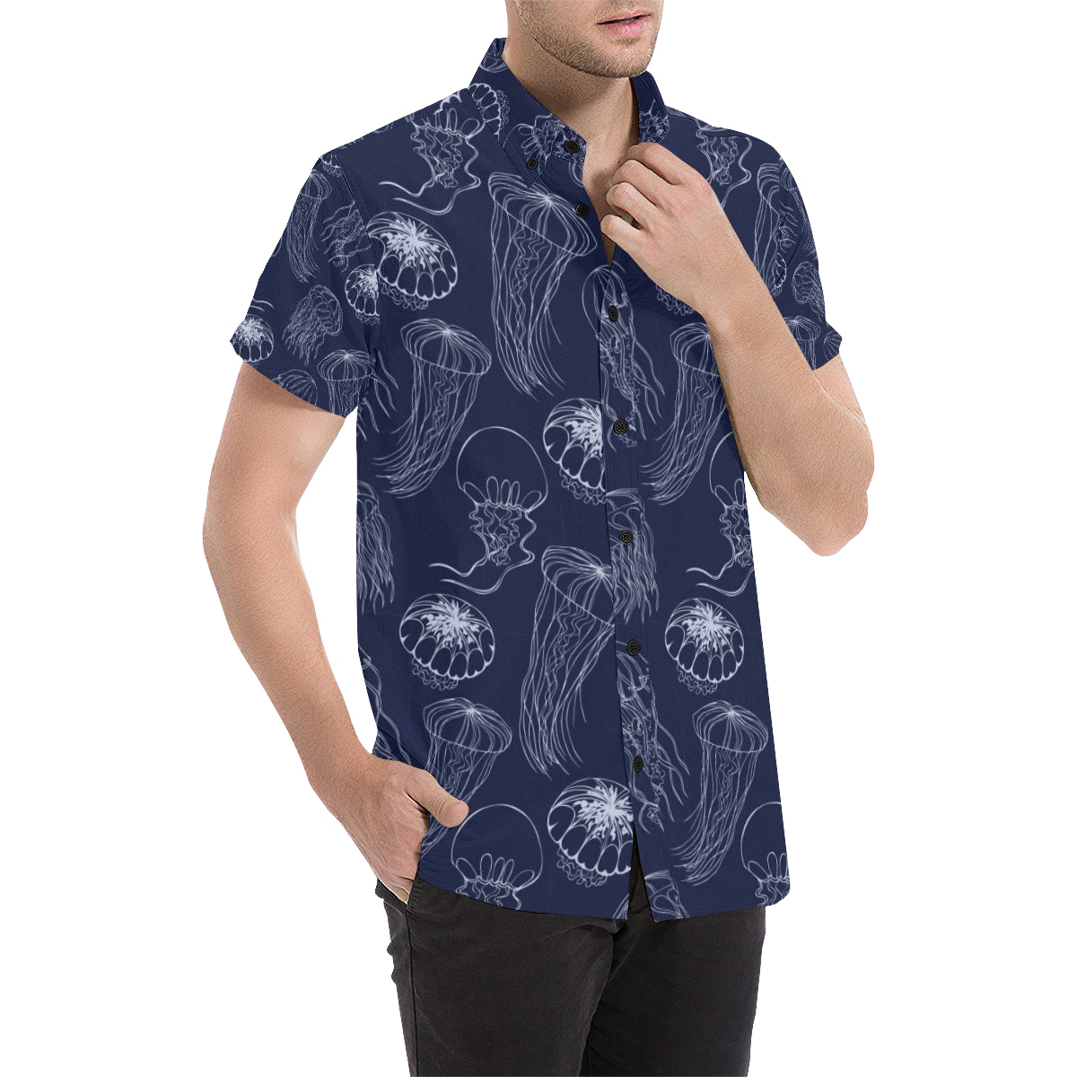 Jellyfish Pattern Print Design 05 Men's Short Sleeve Button Up Shirt