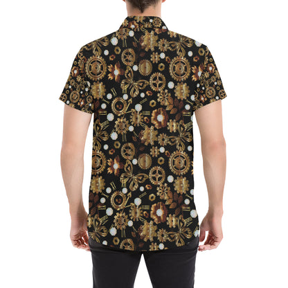 Steampunk Butterfly Design Themed Print Men's Short Sleeve Button Up Shirt
