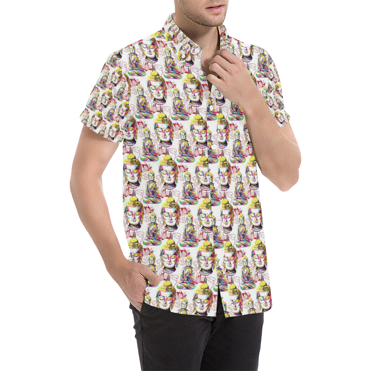 Buddha Pattern Print Design 06 Men's Short Sleeve Button Up Shirt