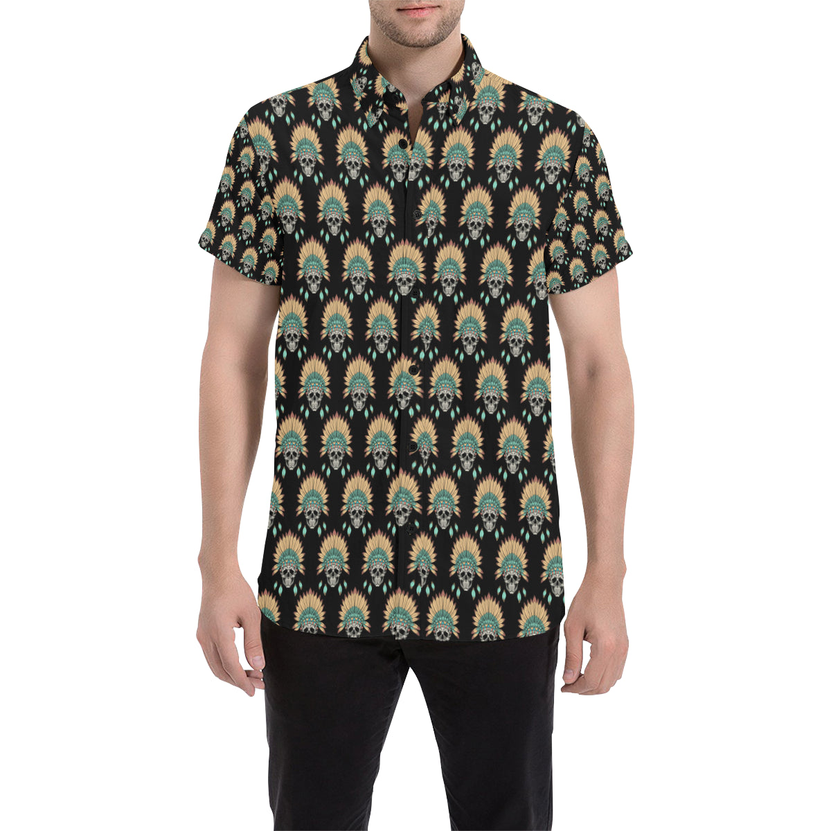 American indian Skull Pattern Men's Short Sleeve Button Up Shirt