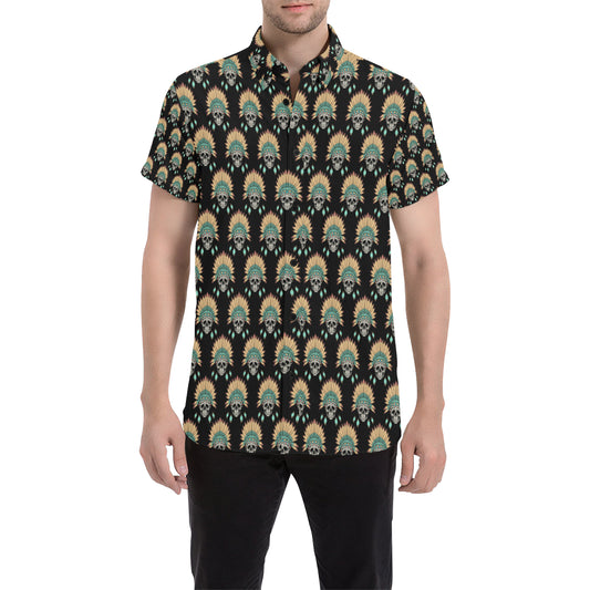 American indian Skull Pattern Men's Short Sleeve Button Up Shirt