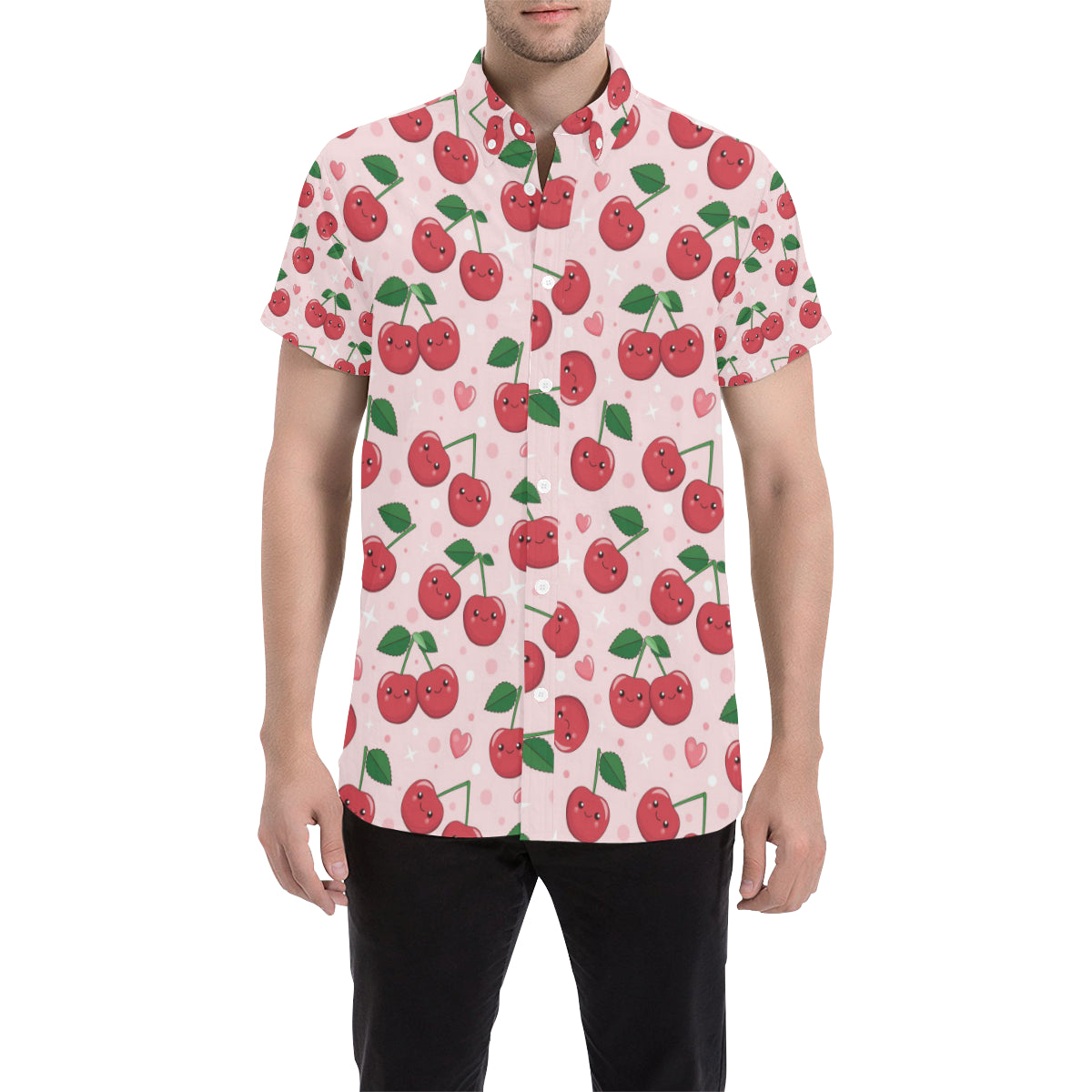 Cherry Pattern Print Design CH02 Men's Short Sleeve Button Up Shirt
