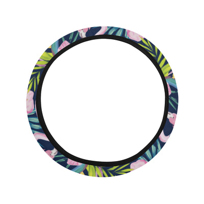 Flamingo Hibiscus Print Steering Wheel Cover with Elastic Edge