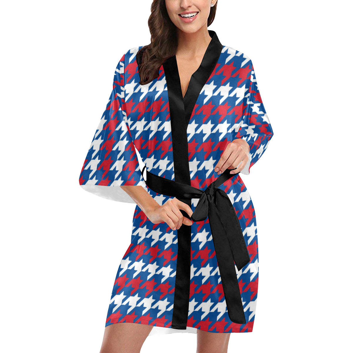 Patriotic Houndstooth Pattern Print Design A02 Women's Short Kimono