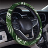 White Green Tropical Palm Leaves Steering Wheel Cover with Elastic Edge