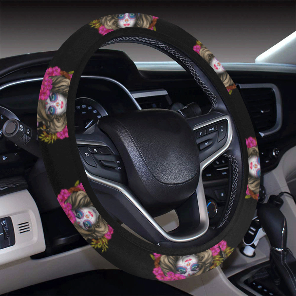 Day of the Dead Makeup Girl Steering Wheel Cover with Elastic Edge