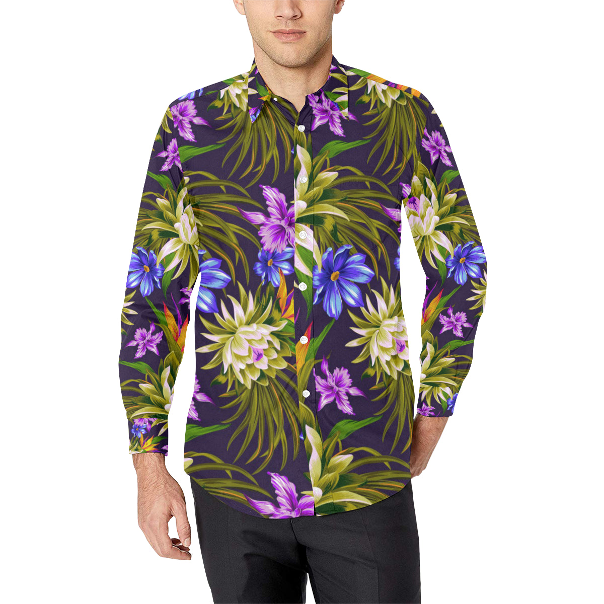 Water Lily Pattern Print Design WL08 Men's Long Sleeve Shirt