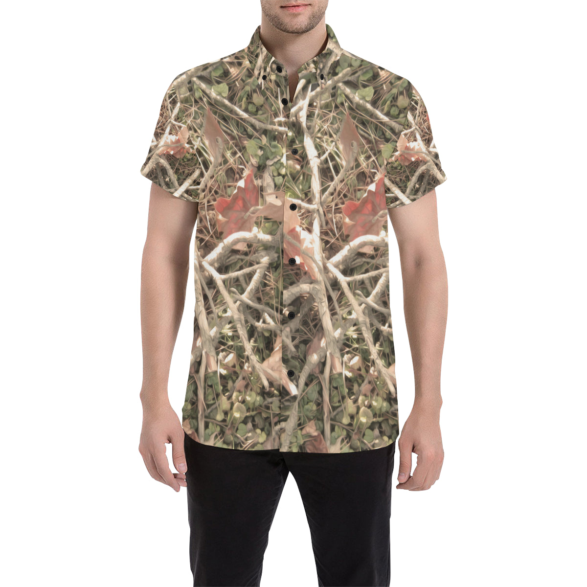 Camouflage Realistic Tree Authumn Print Men's Short Sleeve Button Up Shirt