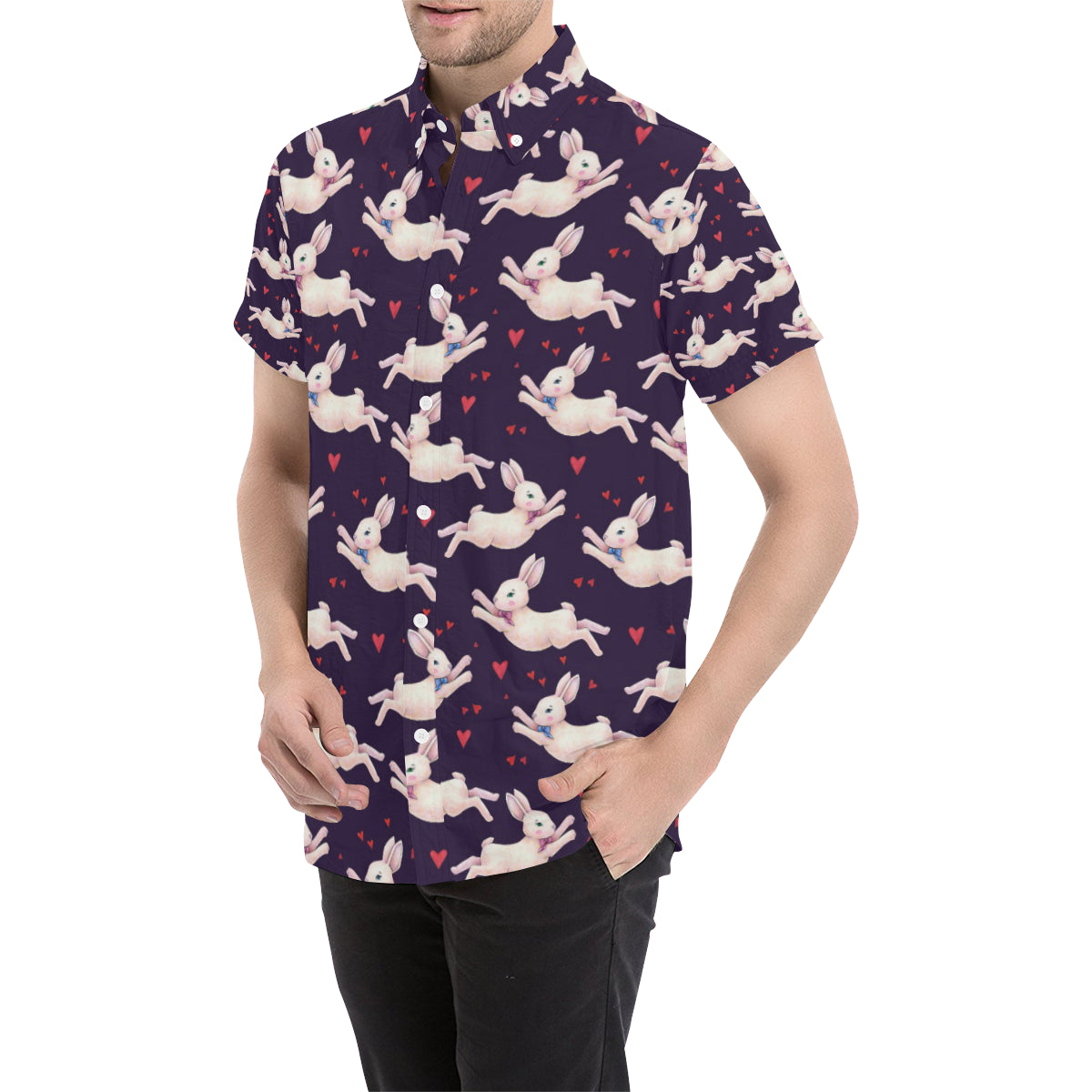 Rabbit Pattern Print Design RB016 Men's Short Sleeve Button Up Shirt