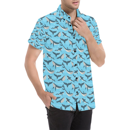 Whale Pattern Design Themed Print Men's Short Sleeve Button Up Shirt