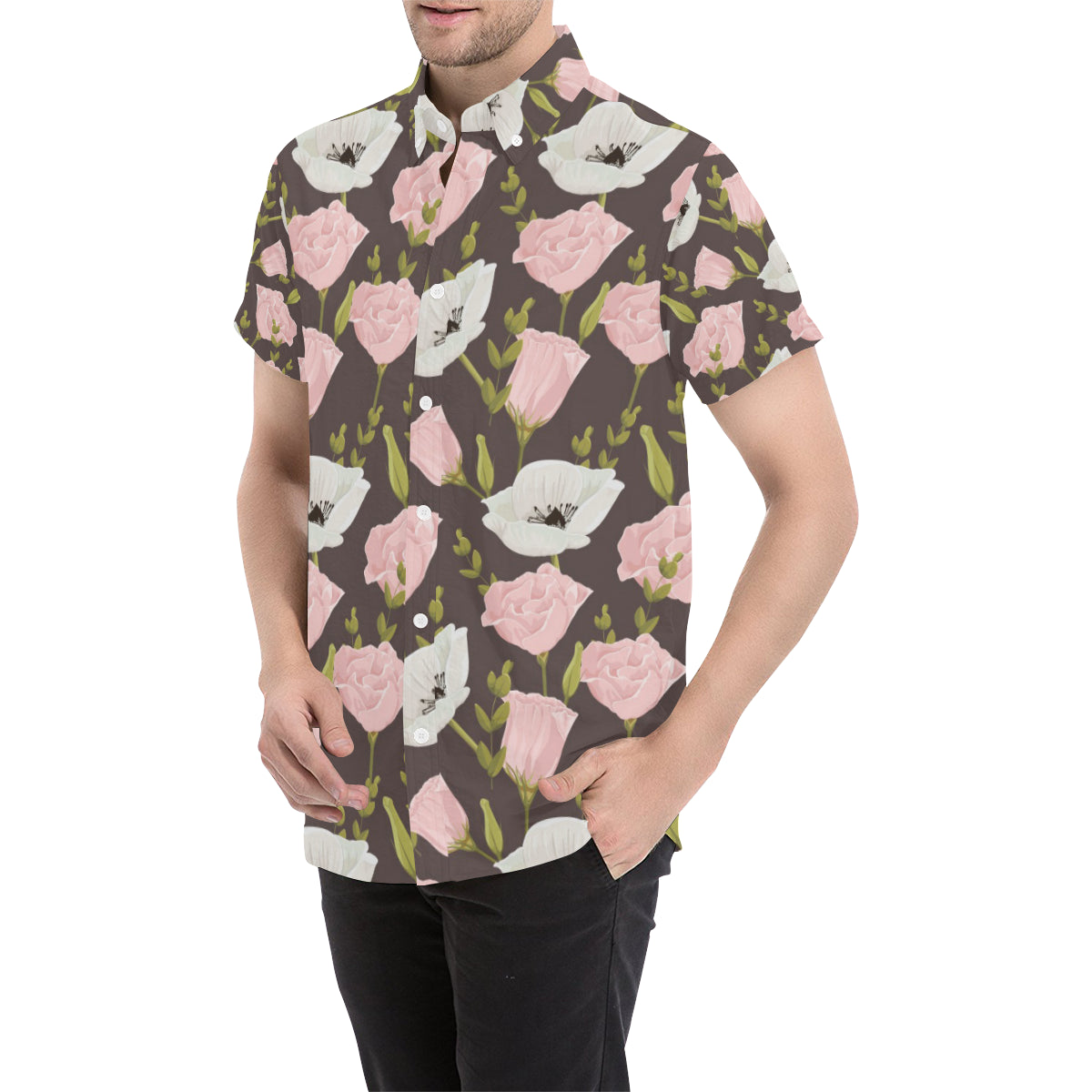 Anemone Pattern Print Design AM011 Men's Short Sleeve Button Up Shirt