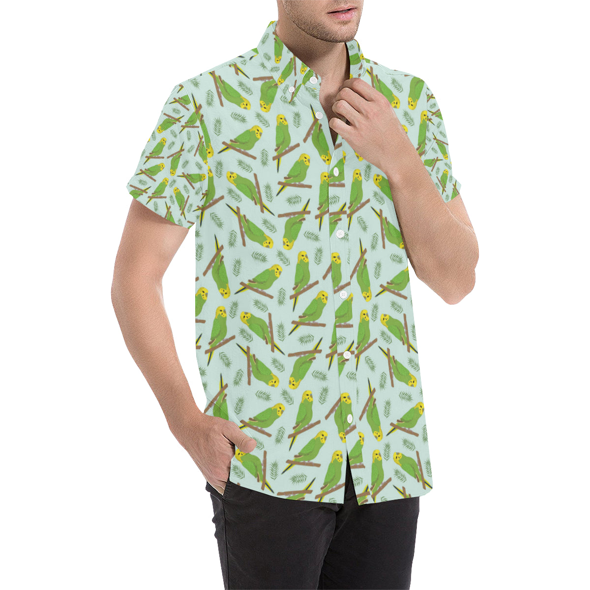 Budgerigar Pattern Print Design 04 Men's Short Sleeve Button Up Shirt