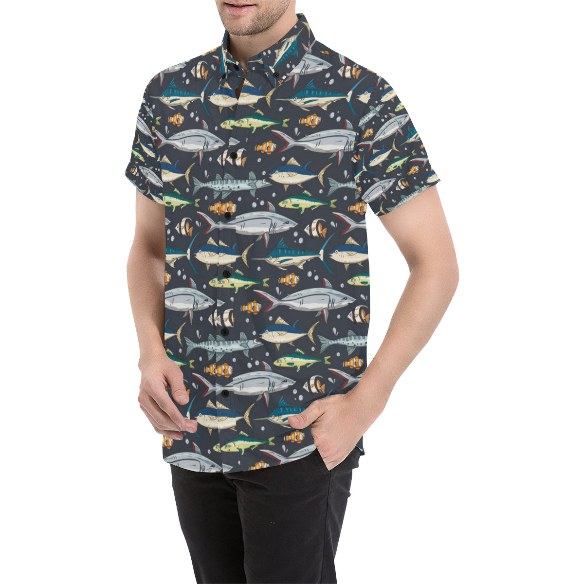 Swordfish Pattern Print Design 04 Men's Short Sleeve Button Up Shirt