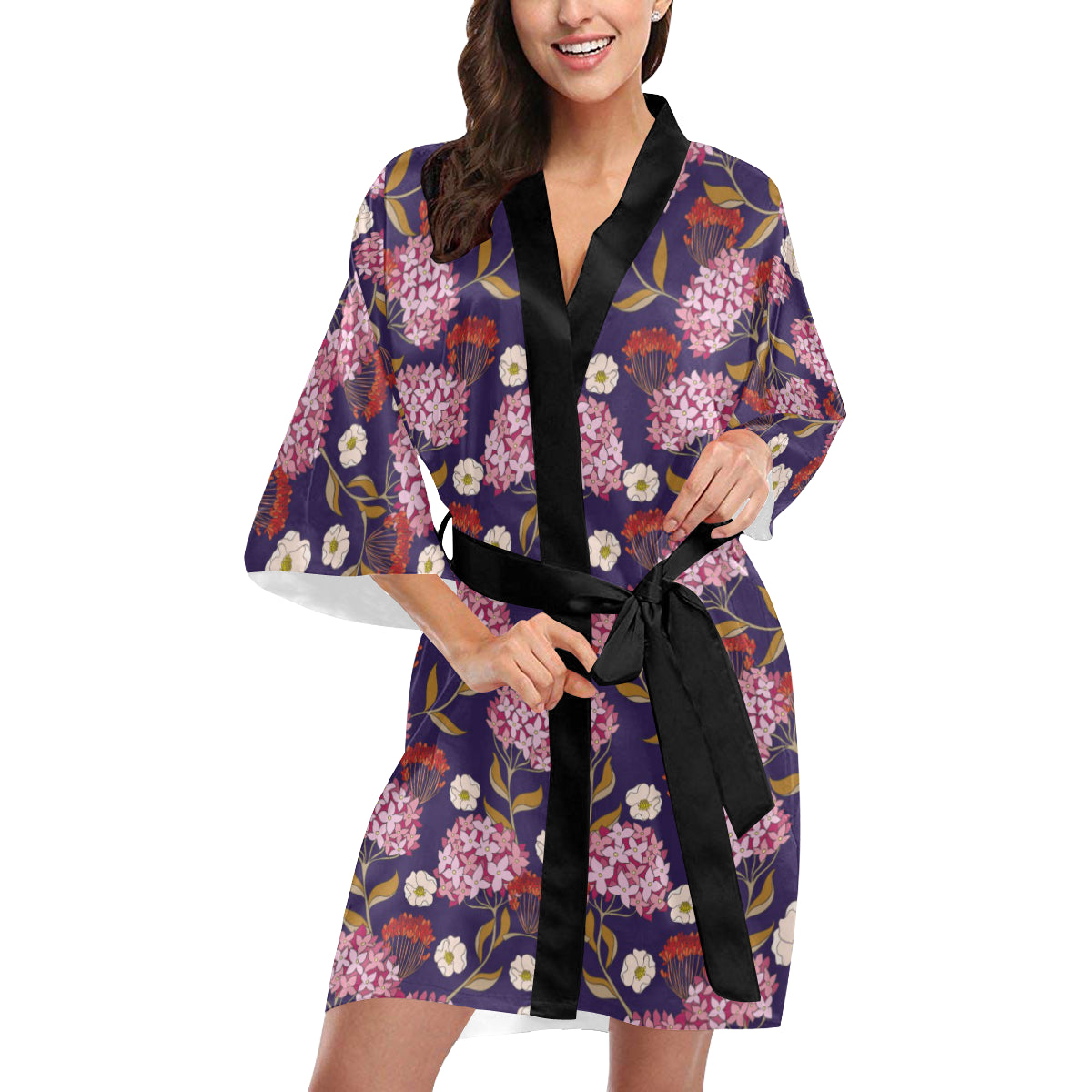 Hydrangea Pattern Print Design HD010 Women Kimono Robe