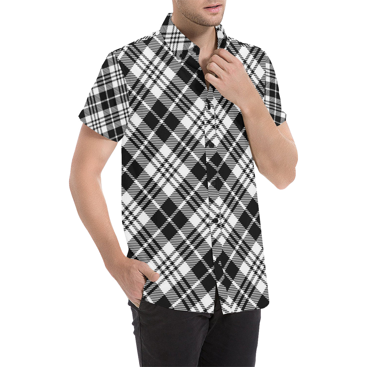 Plaid Black White Pattern Print Design A02 Men's Short Sleeve Button Up Shirt