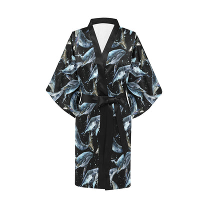 Humpback Whale Pattern Print Design 01 Women's Short Kimono