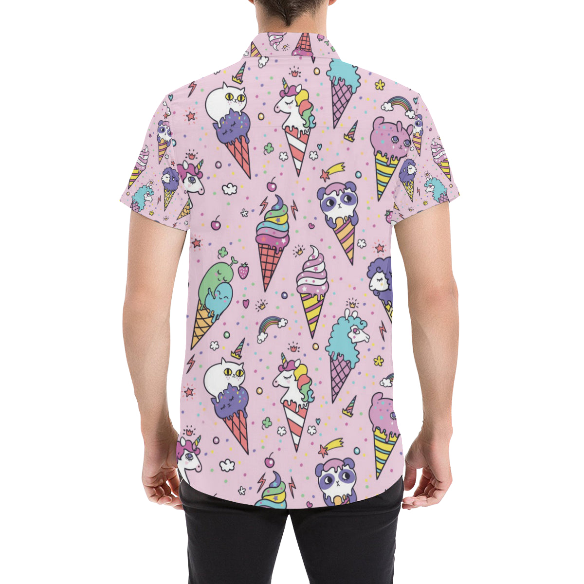Ice Cream Pattern Print Design IC05 Men's Short Sleeve Button Up Shirt