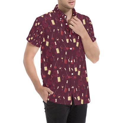 Wine Themed Pattern Print Men's Short Sleeve Button Up Shirt