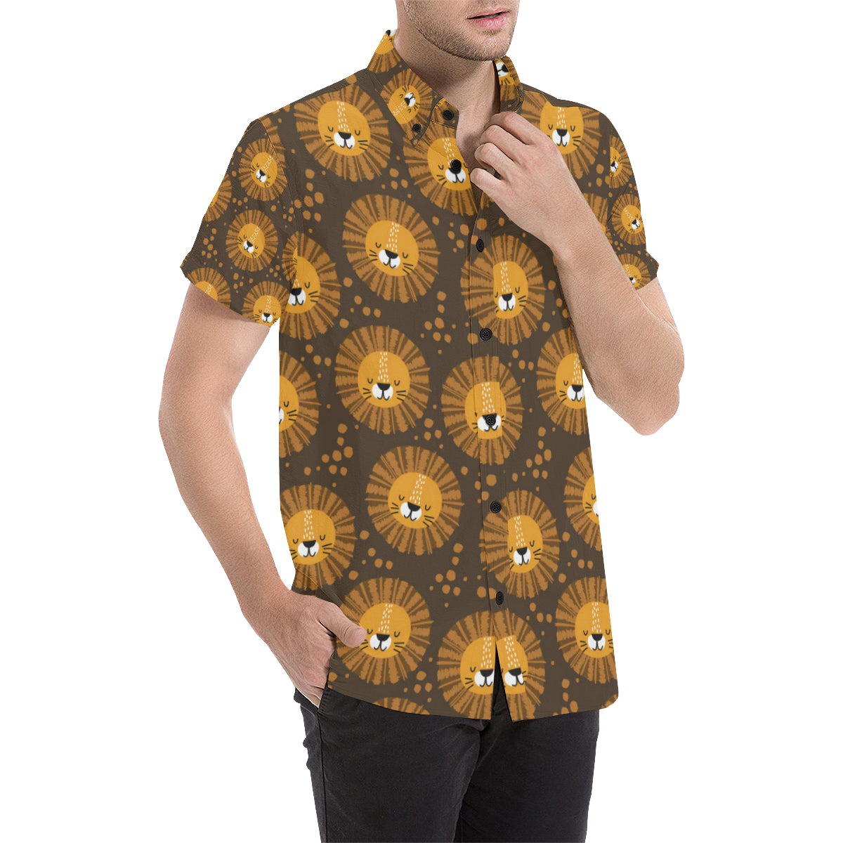 Lion Cartoon Pattern Print Design 01 Men's Short Sleeve Button Up Shirt