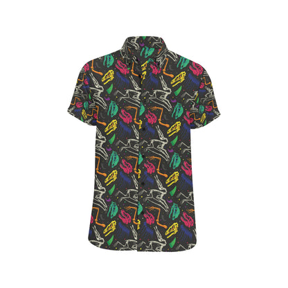 Dinosaur Skull Color Print Pattern Men's Short Sleeve Button Up Shirt