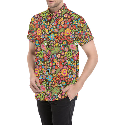 Flower Power Peace Paisley Themed Print Men's Short Sleeve Button Up Shirt