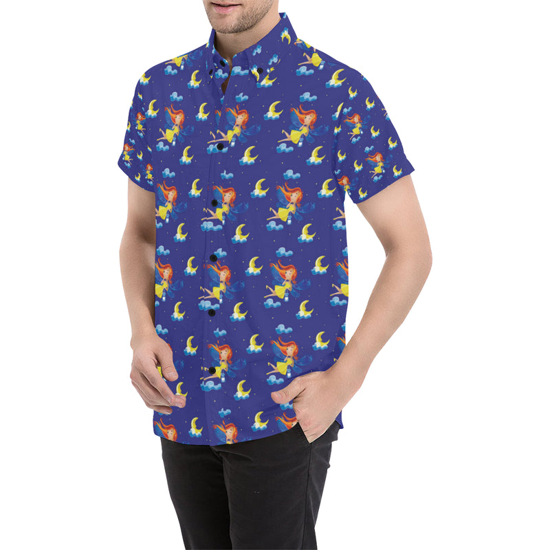 Fairy with Moon Print Pattern Men's Short Sleeve Button Up Shirt