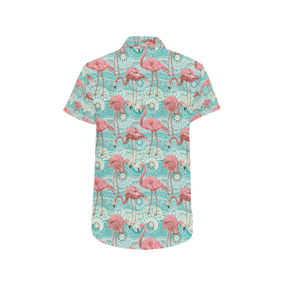 Flamingo Background Themed Print Men's Short Sleeve Button Up Shirt