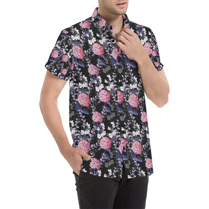 Hydrangea Pattern Print Design HD04 Men's Short Sleeve Button Up Shirt
