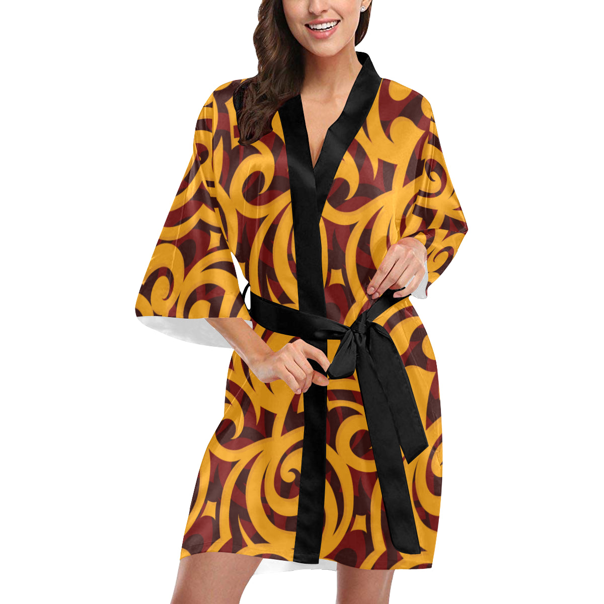 Maori Pattern Print Design 02 Women's Short Kimono