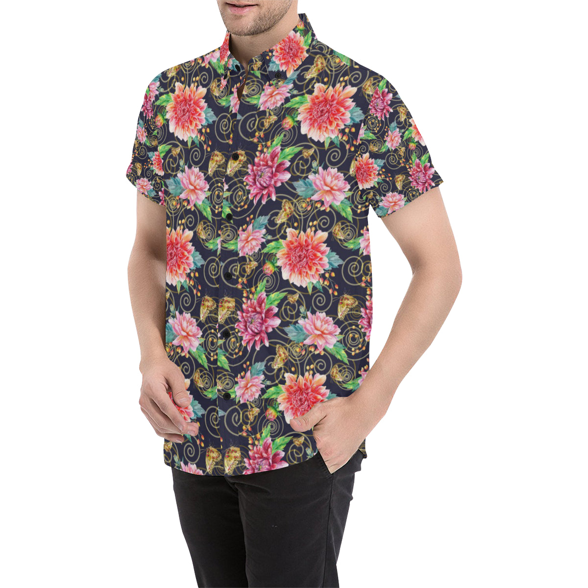 Dahlia Pattern Print Design DH02 Men's Short Sleeve Button Up Shirt