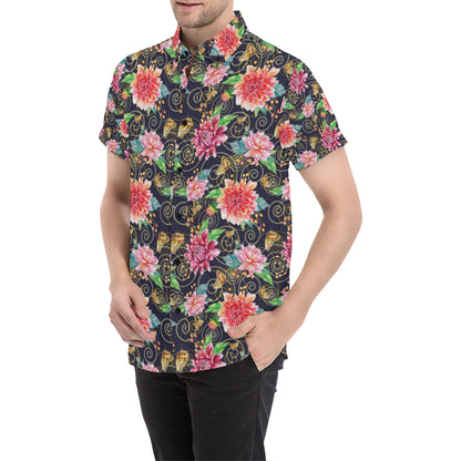 Dahlia Pattern Print Design DH02 Men's Short Sleeve Button Up Shirt