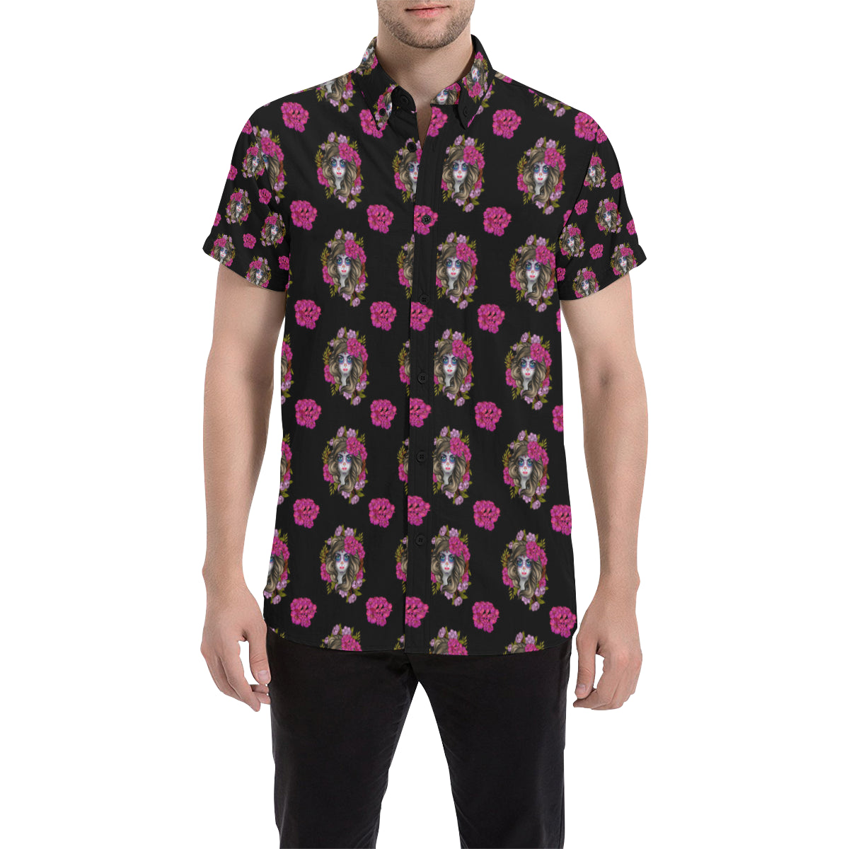 Day of the Dead Makeup Girl Men's Short Sleeve Button Up Shirt