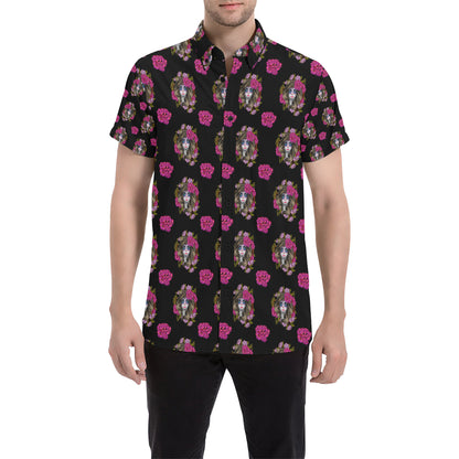 Day of the Dead Makeup Girl Men's Short Sleeve Button Up Shirt