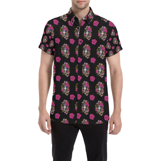 Day of the Dead Makeup Girl Men's Short Sleeve Button Up Shirt